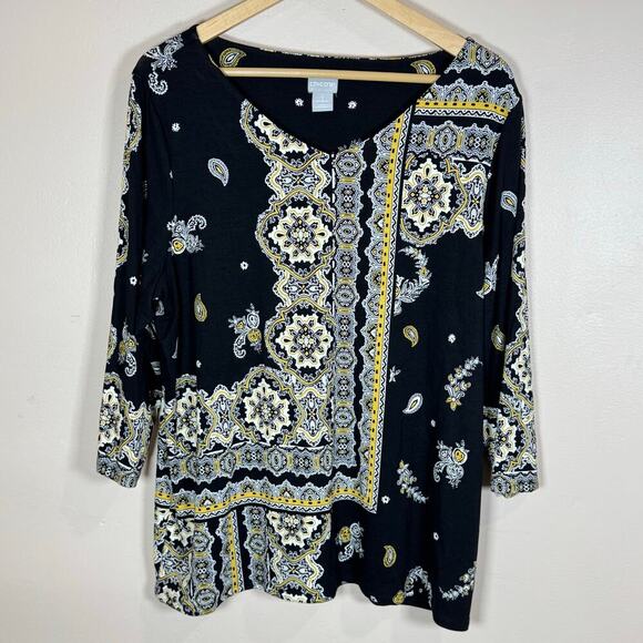 Chicos Womens Blouse 3/4 Sleeve Paisley size XL Yellow Black Rayon Stretch - Picture 1 of 8